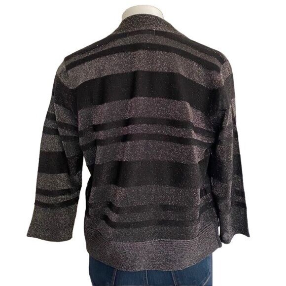 August Silk Black & Gray Metallic Striped 3/4 Sleeve Cardigan Sweater Size L - Picture 9 of 12